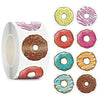 Roll of round sealing labels featuring various colorful donut designs for weddings, parties, and gifts