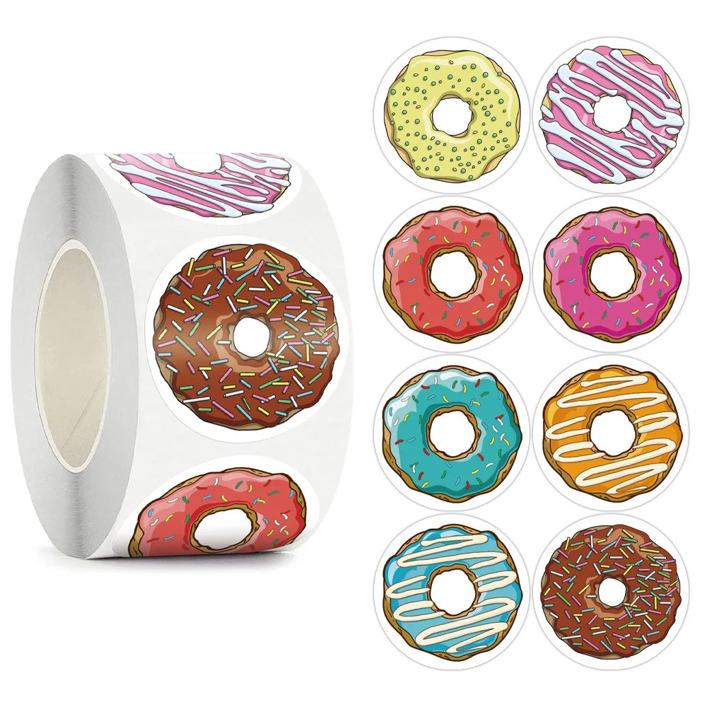 Roll of round sealing labels featuring various colorful donut designs for weddings, parties, and gifts
