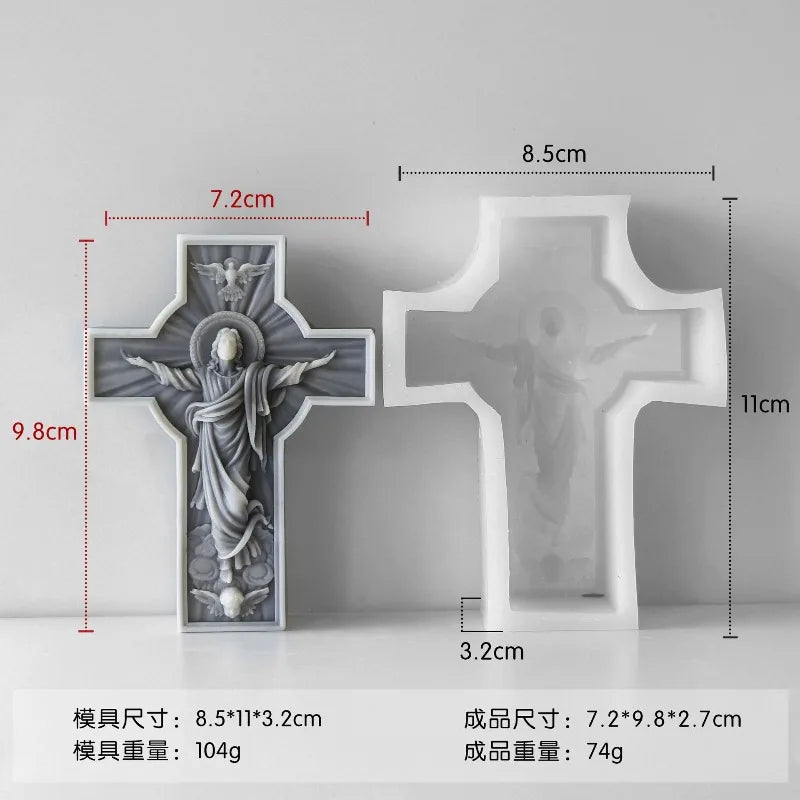 A white silicone mold of a religious Jesus cross with a figure inside, shown next to its dimensions.