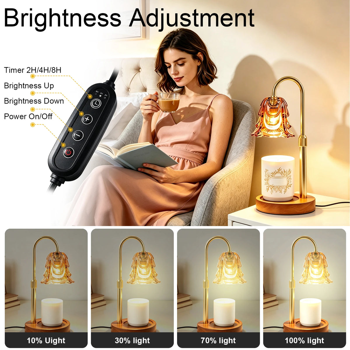 Elegant gold candle warmer lamp with timer and adjustable height showing different light levels.