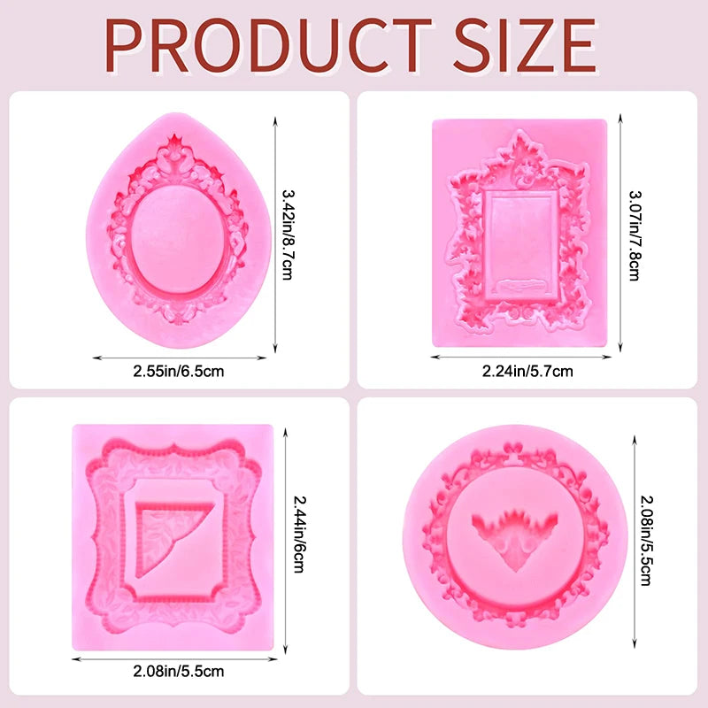 Four silicone frame molds in pink for chocolate clay and crafts with various decorative shapes