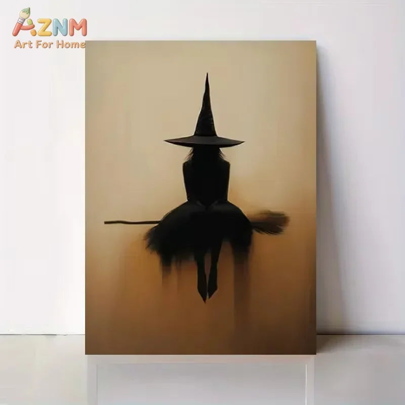 Minimalist witch silhouette wall art featuring a black witch figure with a pointed hat against a warm, golden background.
