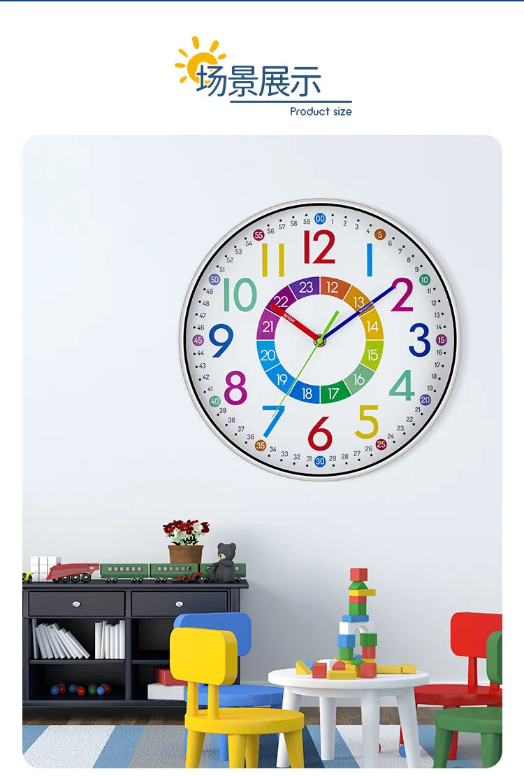 A colorful silent wall clock with numbered faces is displayed on a white wall above a wooden cabinet and small furniture.