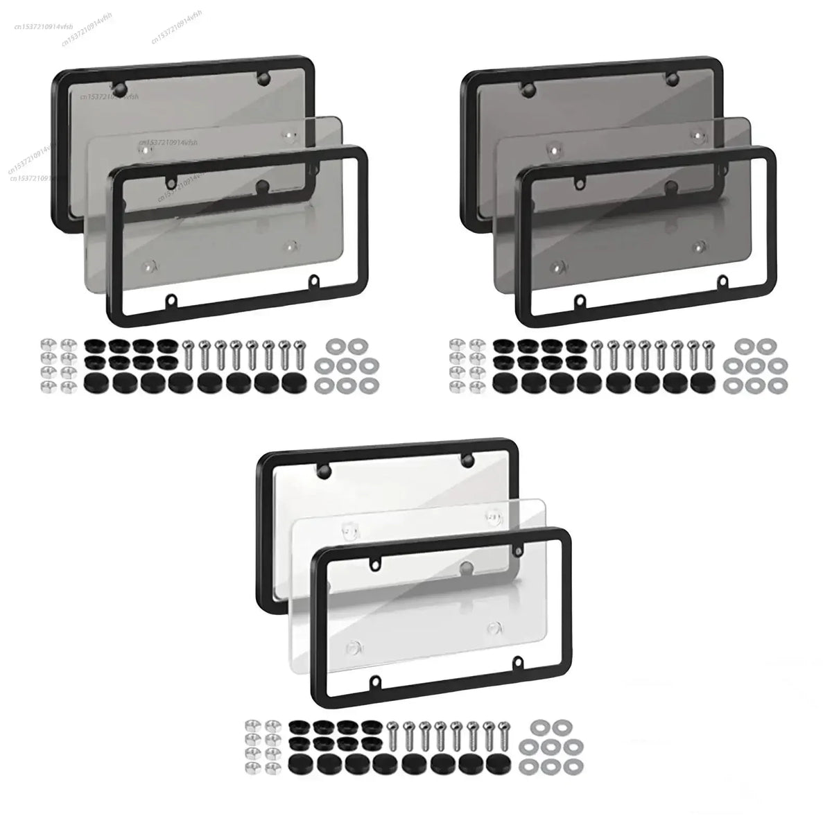 Set of universal license plate frames with screws for cars and trucks, shown in various finishes.