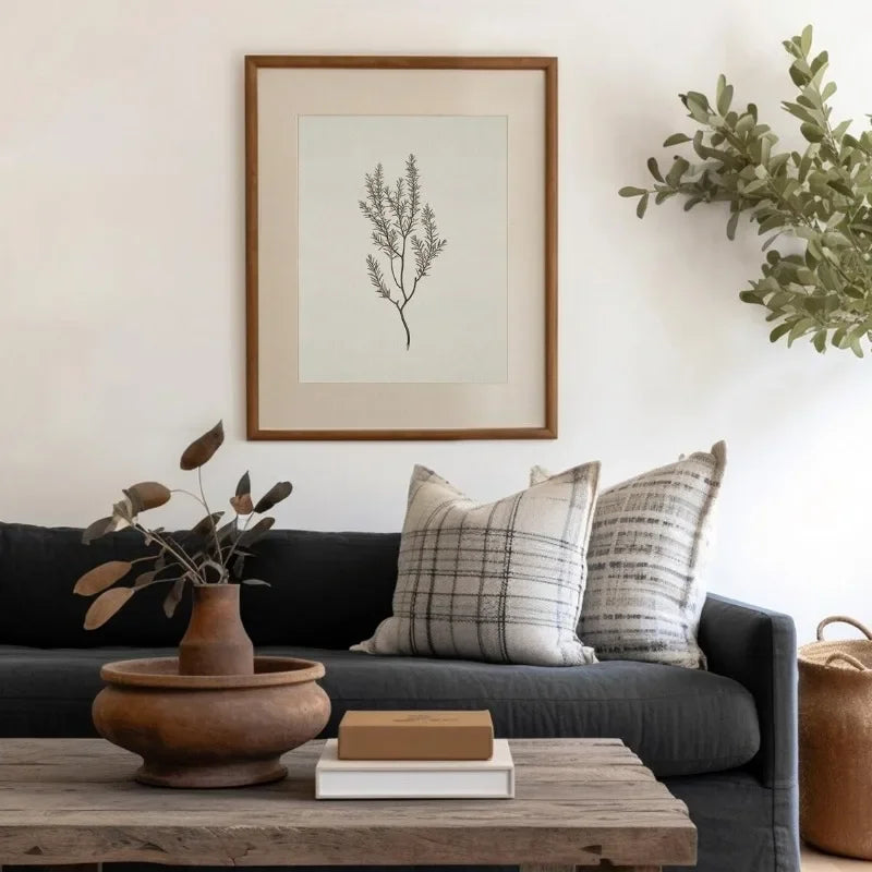 A framed canvas print featuring a delicate, sketched botanical branch on a white background, displayed above a dark sofa.