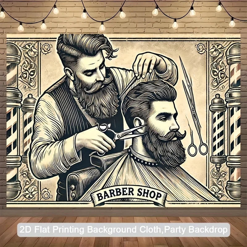 A black and white illustration of a bearded barber with a mustache and tools on a tapestry background.