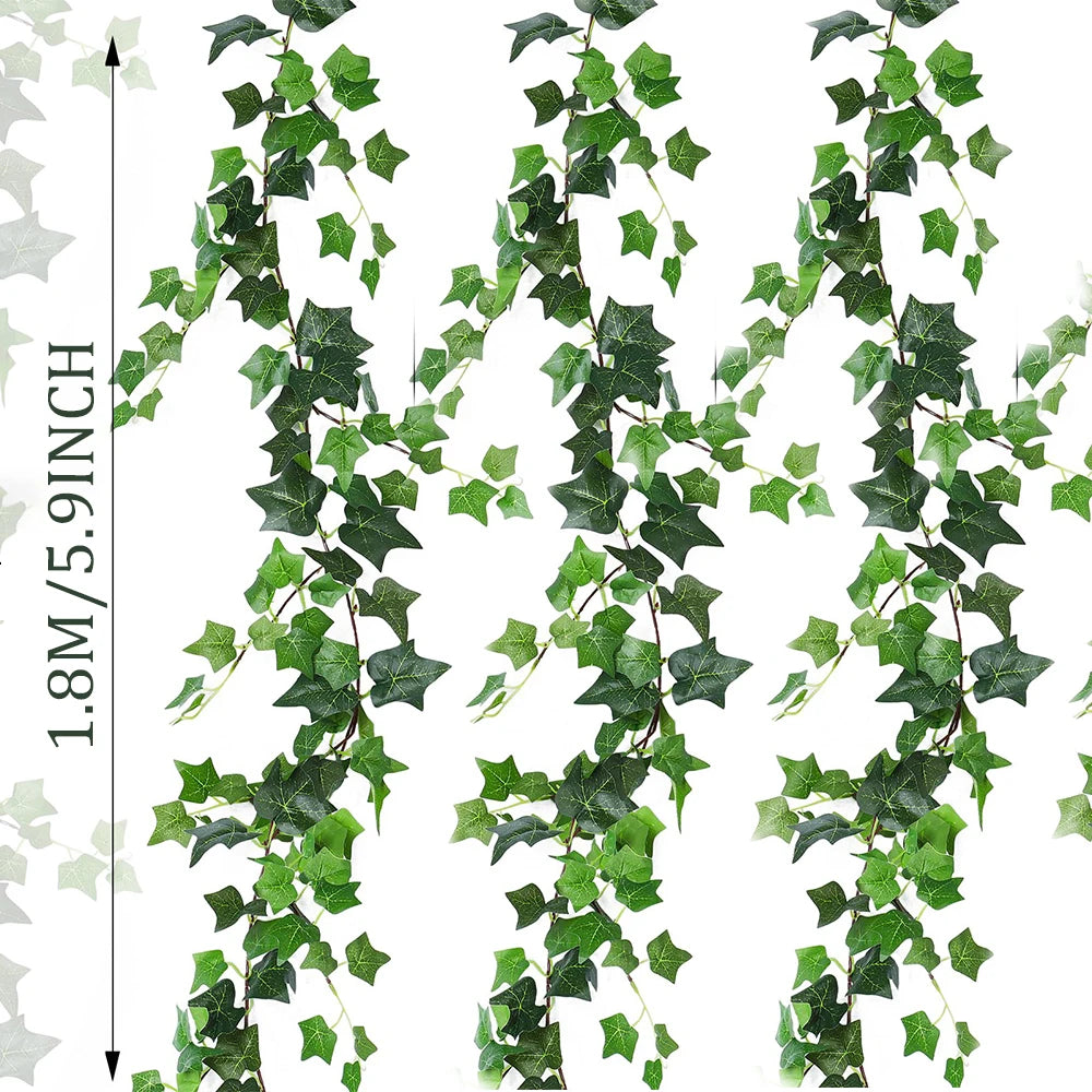 Green artificial ivy garland trailing vertically for home decor