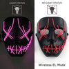 A black silicone mask with glowing pink LED lines, shown in light and no light status.