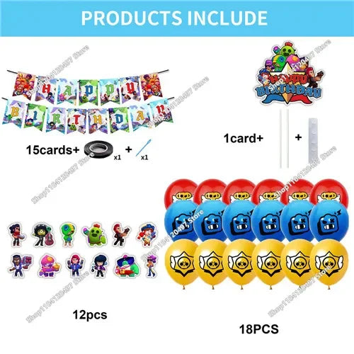A set of 18 acrylic cake toppers featuring various characters and designs for a happy birthday celebration.