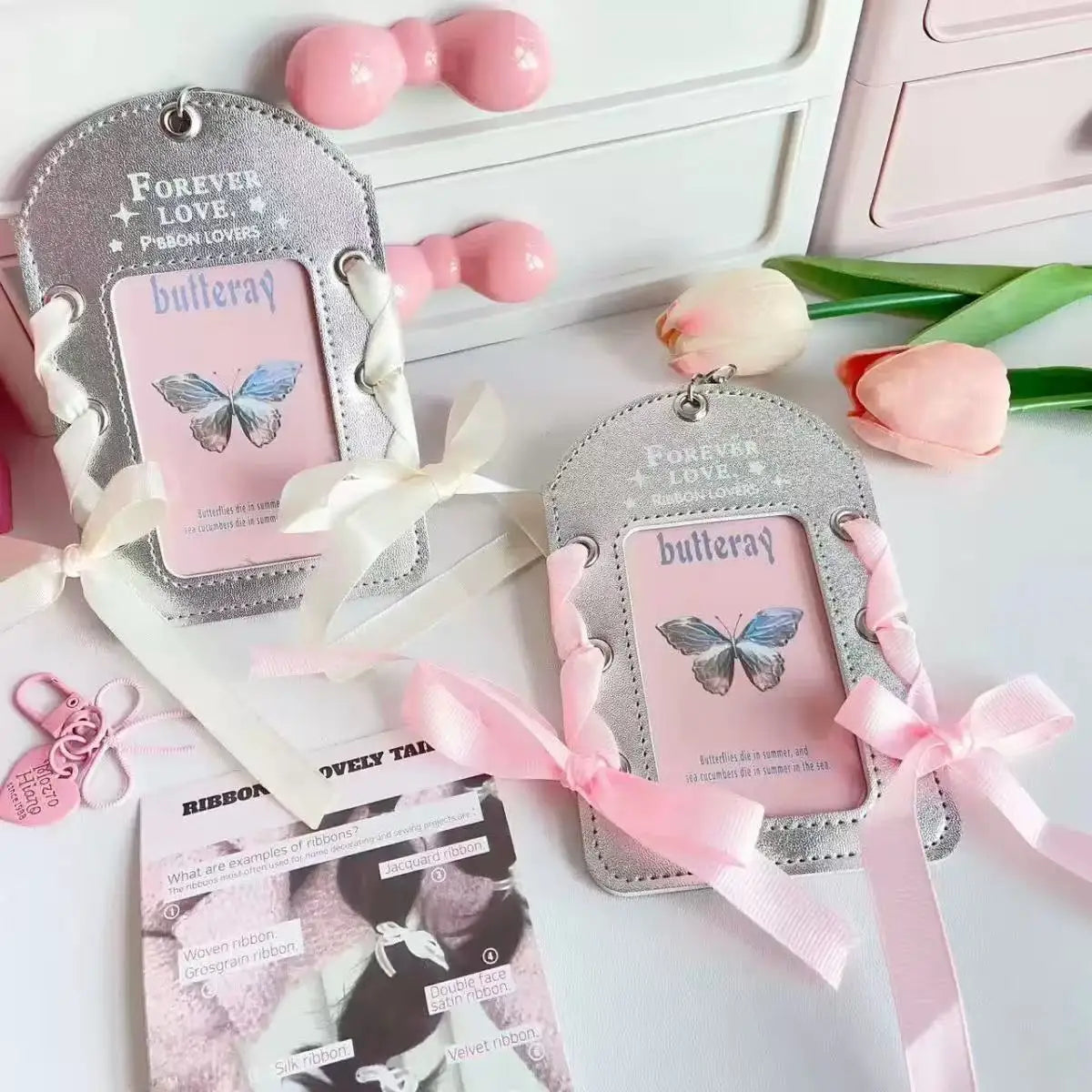 Silver lace PU card holder with butterfly charm and pink ribbon bow keychain