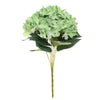 A bouquet of artificial light green hydrangea flowers with dark green leaves on a slender stem.