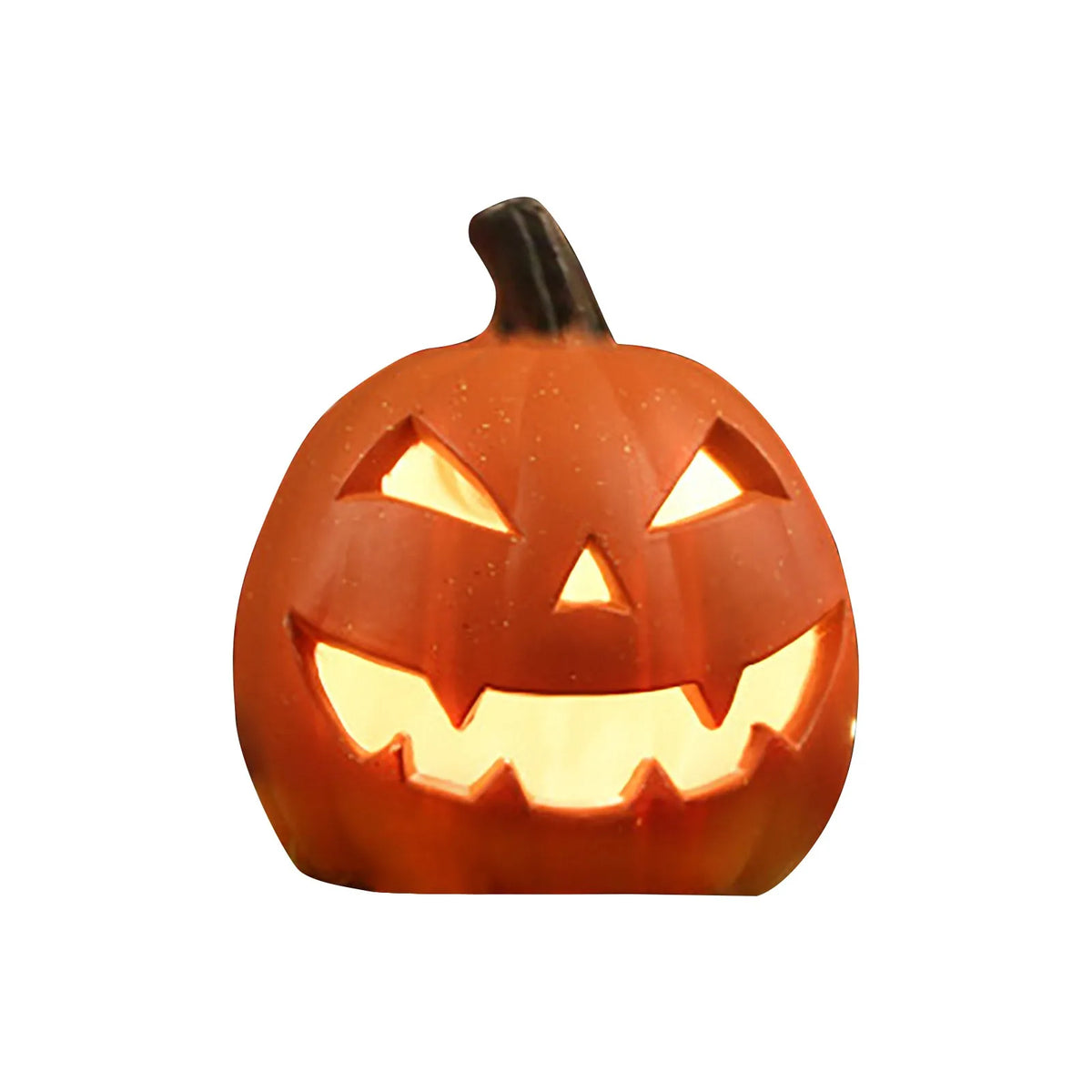 Linterna de calabaza de cerámica naranja tallada con una cara sonriente y amenazadora para decoración de Halloween.