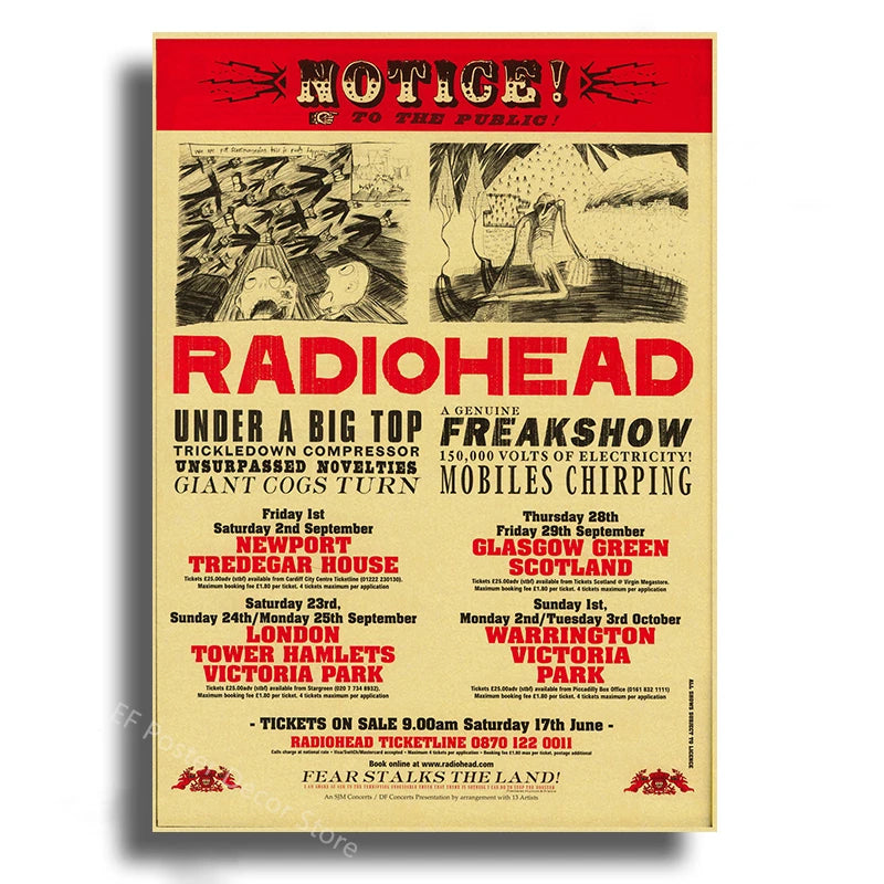 A vintage poster announcing a Radiohead freakshow featuring gigs in Newport, London, and Warrington.