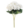 A bouquet of artificial white hydrangea flowers with green leaves on a thin stem.