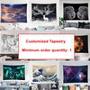 A collage of various custom tapestry wall art featuring wildlife, abstract designs, and nature scenes.