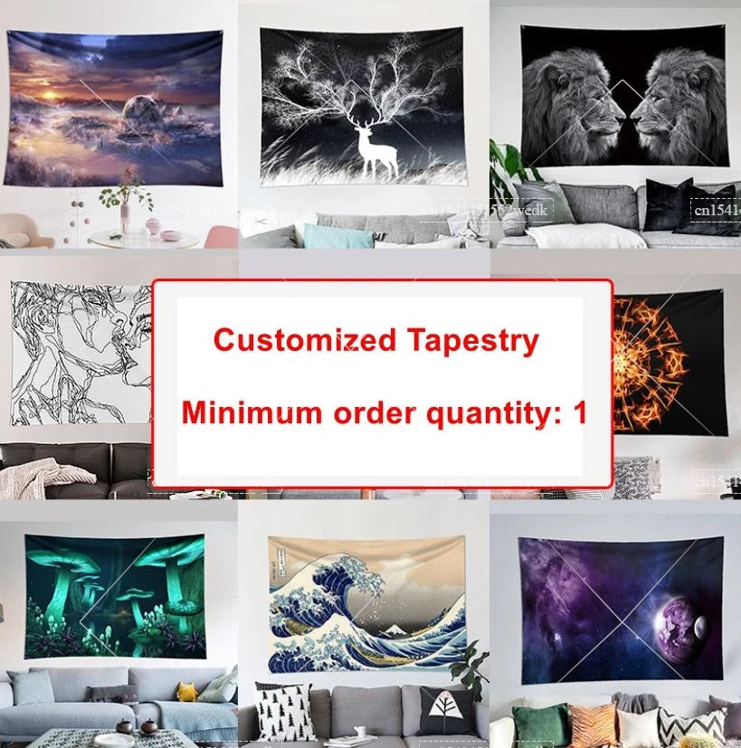 A collage of various custom tapestry wall art featuring wildlife, abstract designs, and nature scenes.
