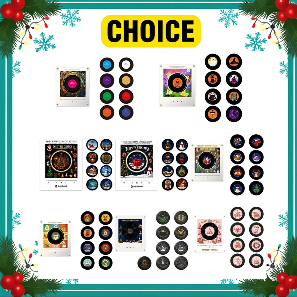 A collection of magnetic vinyl record night lights and glow products displayed in a grid format.