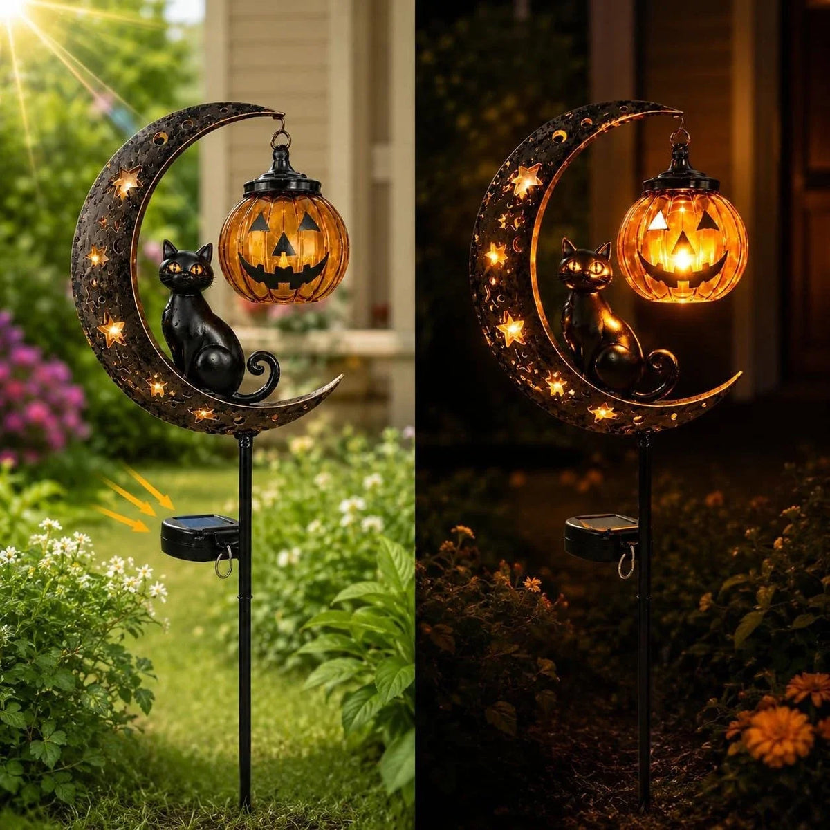 A solar Halloween moon lantern featuring a black cat silhouette and carved pumpkin design in a garden setting.