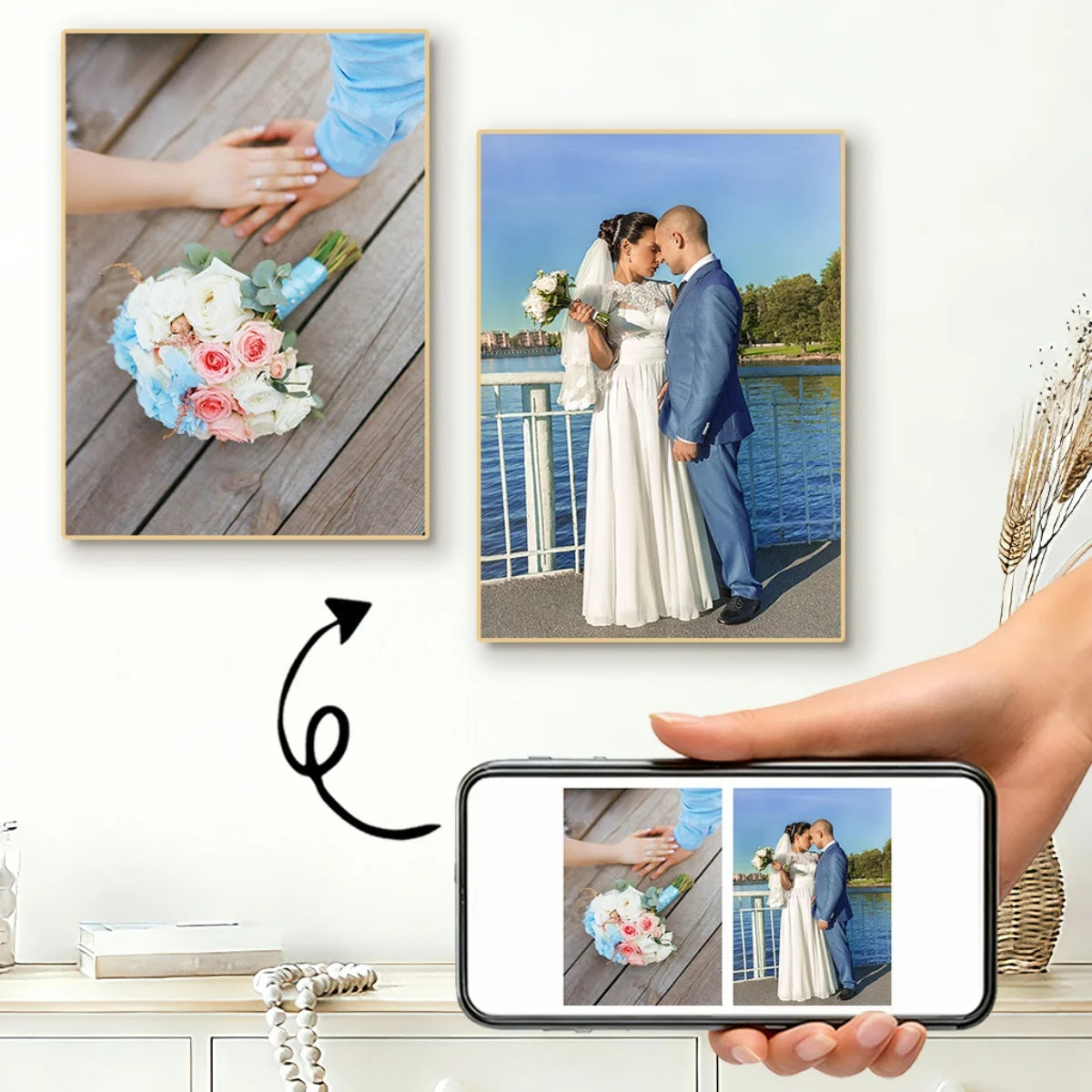 A custom photo canvas print featuring a couple standing by water, framed next to a hand holding a bouquet of flowers.