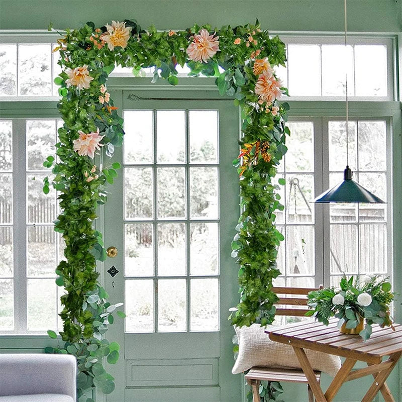 Artificial ivy vine garland framing a doorway in a light green room