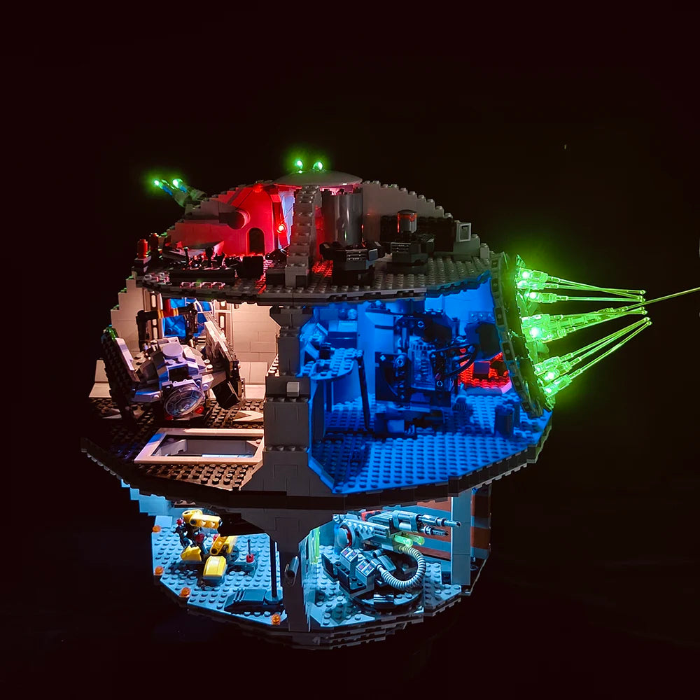 A model of the Death Star building set illuminated by green LED lights.