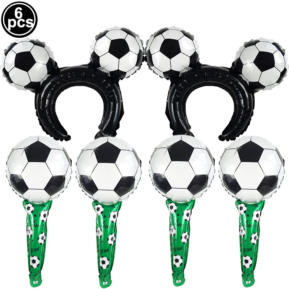 Six black and silver standing soccer balloons for party decor