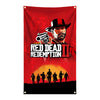 A red flag tapestry featuring a stylized portrait of an outlaw with a hat and beard, set against a fiery background.