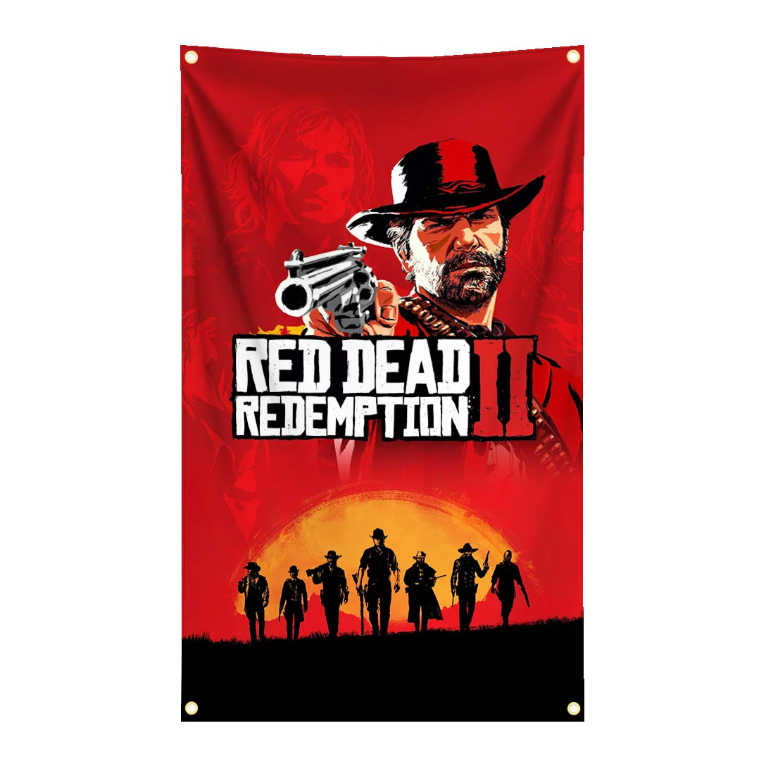 A red flag tapestry featuring a stylized portrait of an outlaw with a hat and beard, set against a fiery background.