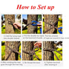 Instructions showing how to set up a canvas camping hammock using tying rope and straps on a tree.