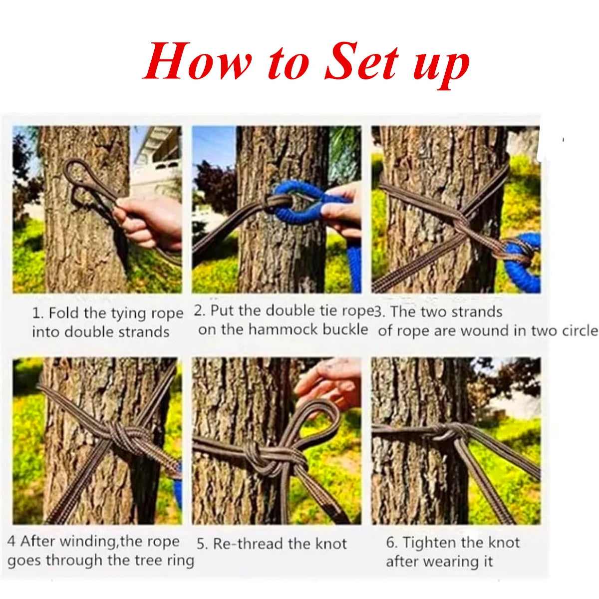 Instructions showing how to set up a canvas camping hammock using tying rope and straps on a tree.