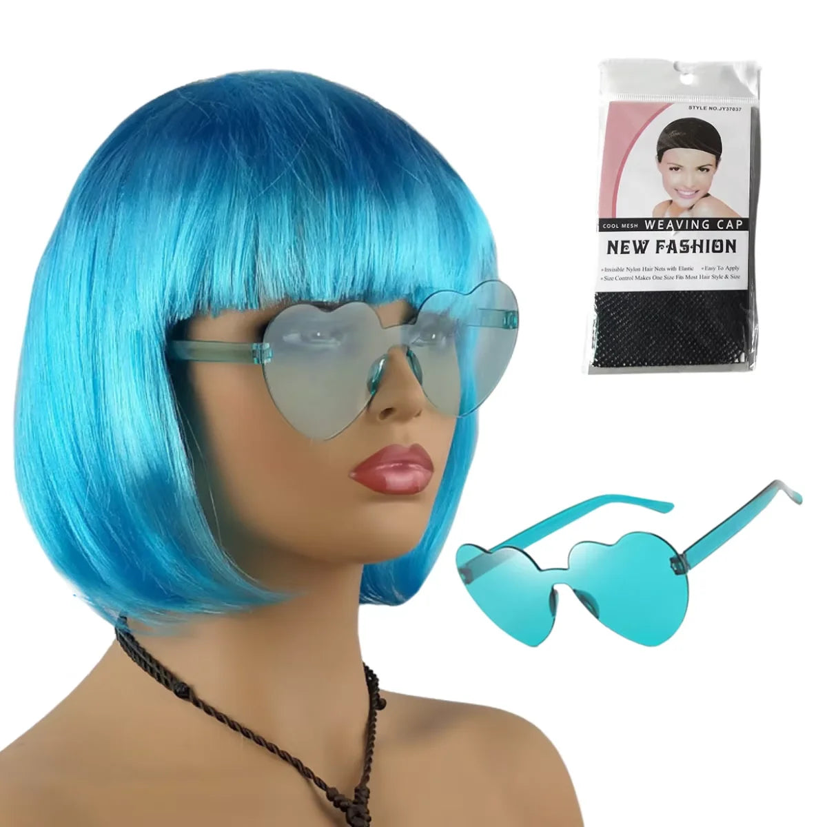 A bright blue short bob wig with heart-shaped clear sunglasses and a packaging box are displayed.