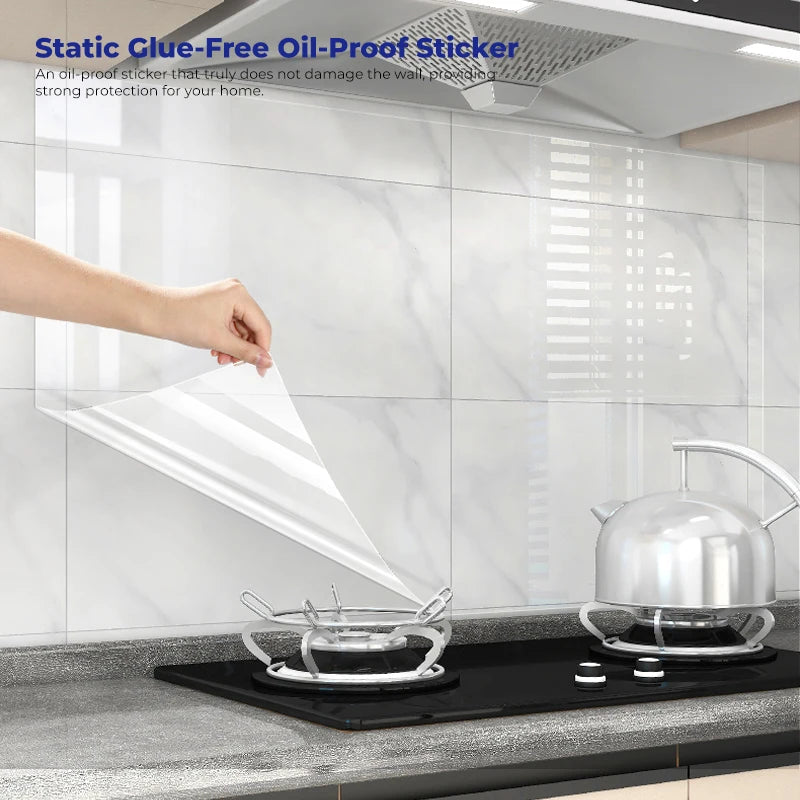 A hand is applying a clear oil-proof sticker to a white marble wall surface for protection.