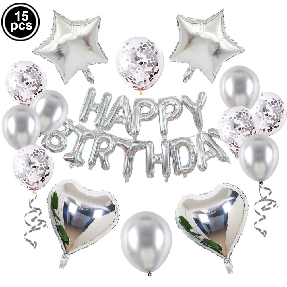 A set of 15 foil letter balloons and star shaped balloons for a birthday party decoration