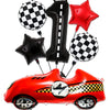 A set of red race car shaped balloons, including a car, a number one balloon, and a checkered pattern balloon.
