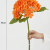 Orange hydrangea silk flower branches on a green stem with measurements shown.