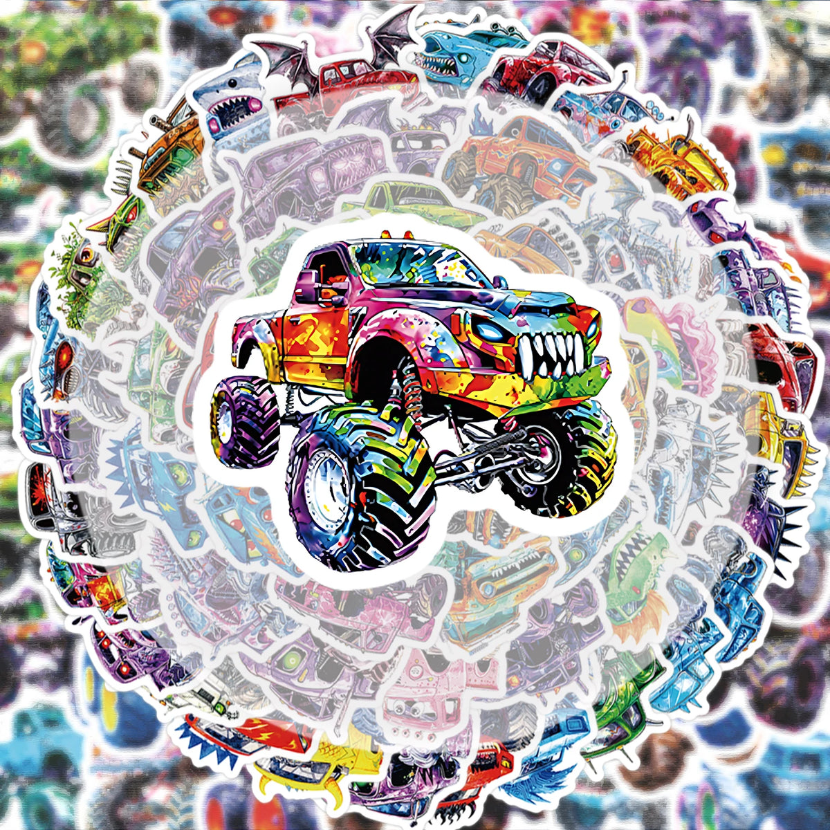 A circular sticker pack featuring 56 vibrant monster truck decals on a light background.