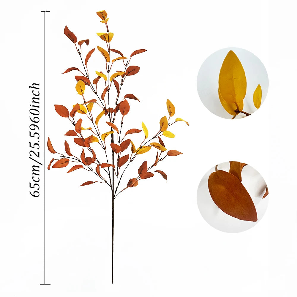 A bundle of artificial fall eucalyptus stems featuring various shades of orange and yellow leaves.