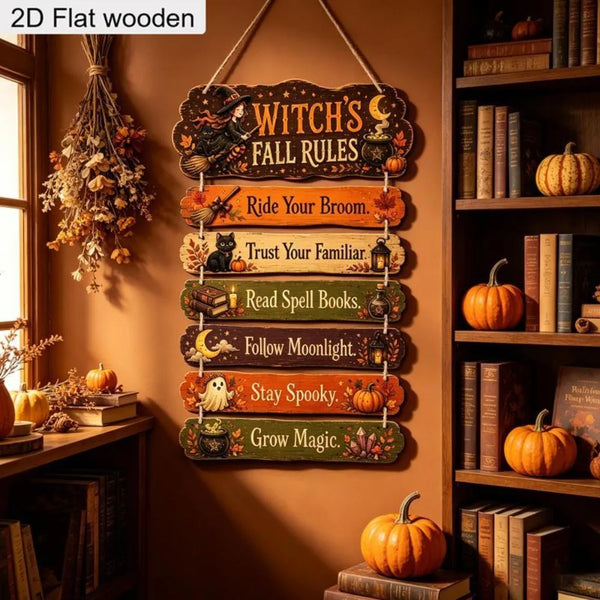 A set of vintage Halloween wooden wall signs featuring witchy fall rules like Ride Your Broom and Stay Spooky