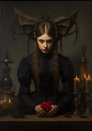 A portrait of a woman with long dark hair and large feathered wings, wearing dark clothing, set against a dim background.