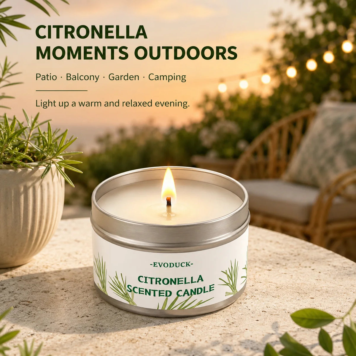 A jar of Citronella scented candle sitting on a stone surface with greenery in the background.
