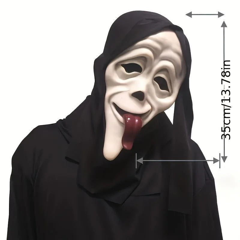 A white and black Halloween horror mask with a protruding red tongue, shown from the front.