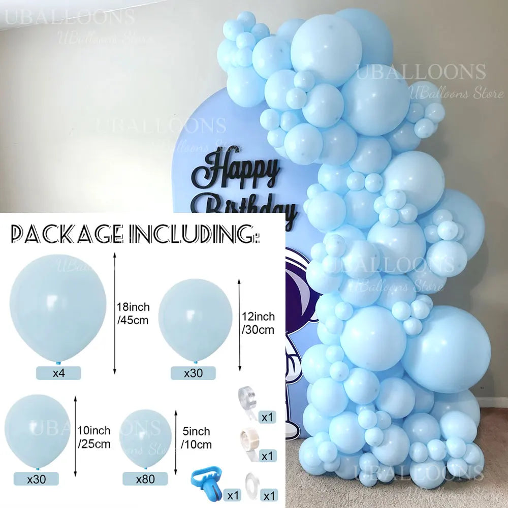 Pastel blue balloon arch kit including balloons and accessories for parties and showers