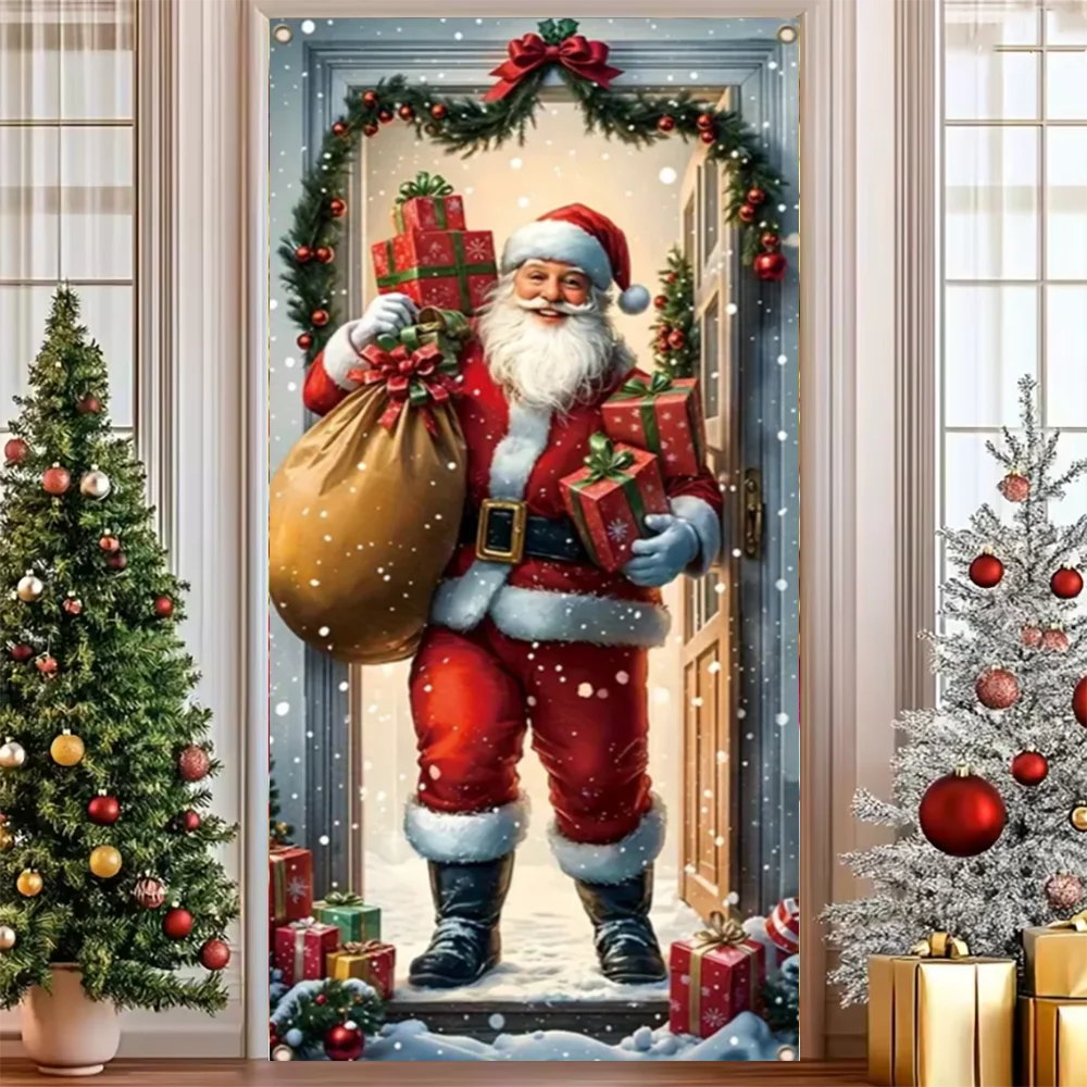 Merry Christmas Party Decoration Door Cover with Santa, Snowman & Reindeer Design