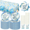 A set of blue and white cartoon elephant disposable party tableware including a tablecloth, plates, and cups.
