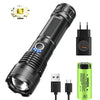 A black rechargeable zoom flashlight with a green battery, showing the head and body of the device.