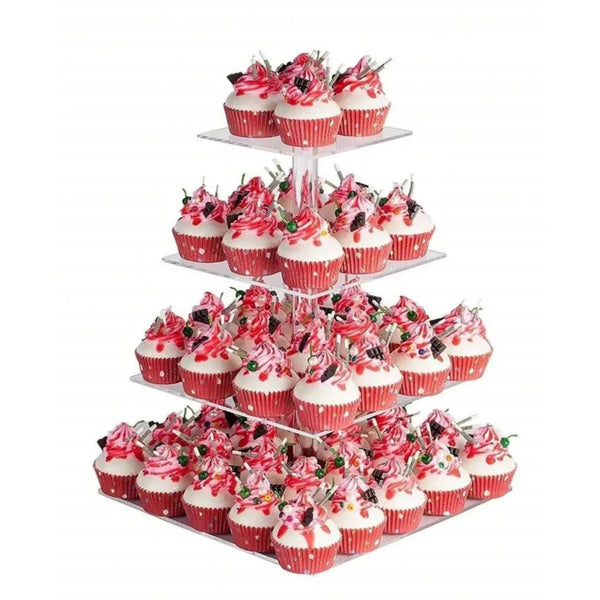 A tiered stand displaying numerous cupcakes with red and white frosting and sprinkles.