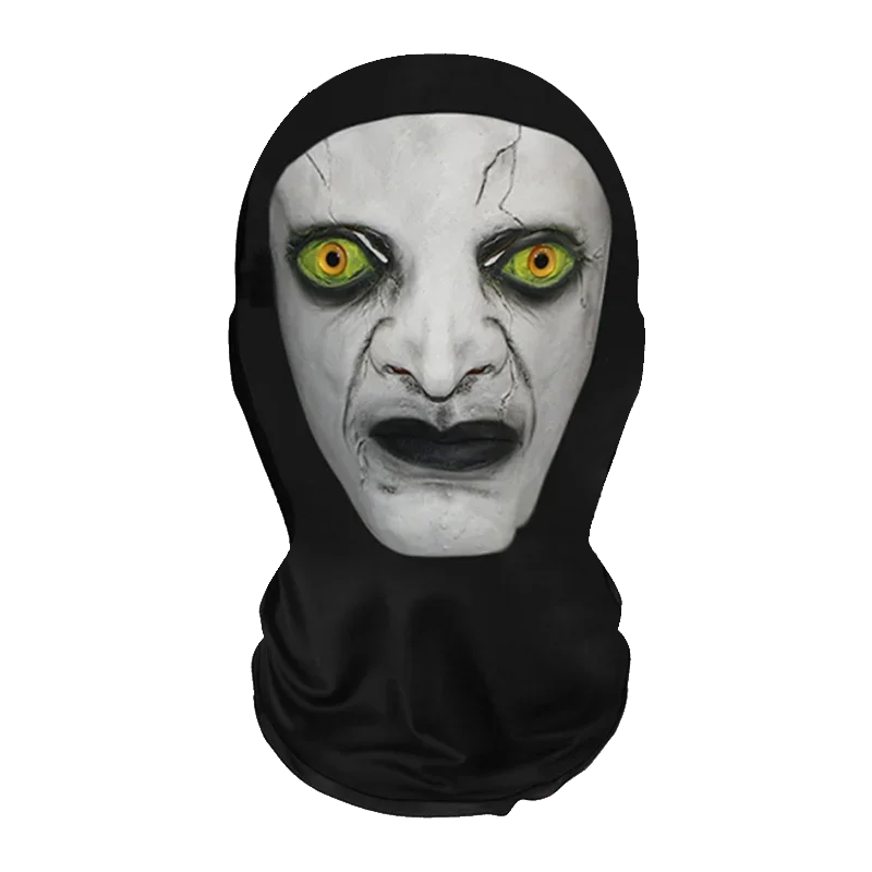 A realistic horror mesh balaclava mask with pale skin, cracked face, and glowing yellow eyes.