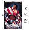 A metal wall sign featuring a boxing champion in action, with specifications for pre-drilling, waterproof, and weather resist