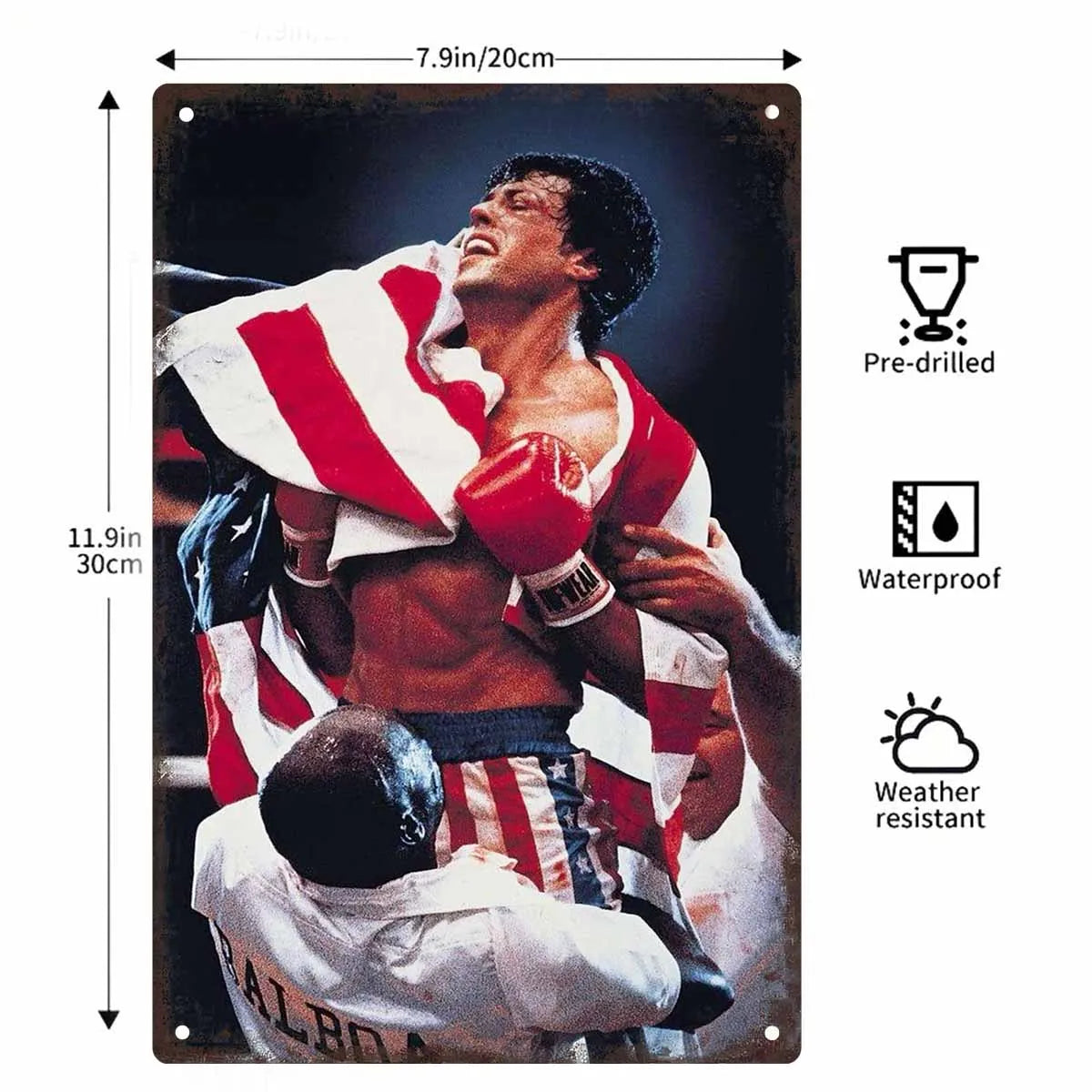 A metal wall sign featuring a boxing champion in action, with specifications for pre-drilling, waterproof, and weather resist