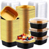 Stack of square aluminum foil baking boxes with transparent lids in gold and black.